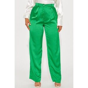 Haute Monde Green Satin Trouser Wide Leg Back Elastic High Waisted Pants L